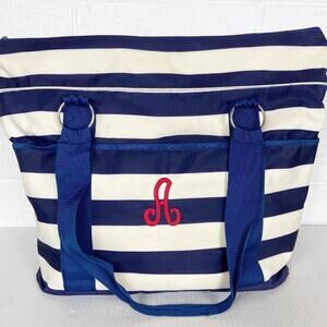 Initials Inc Beach Bag Tote‎ Navy Blue Ivory White Stripe Mesh Bottom Pockets A